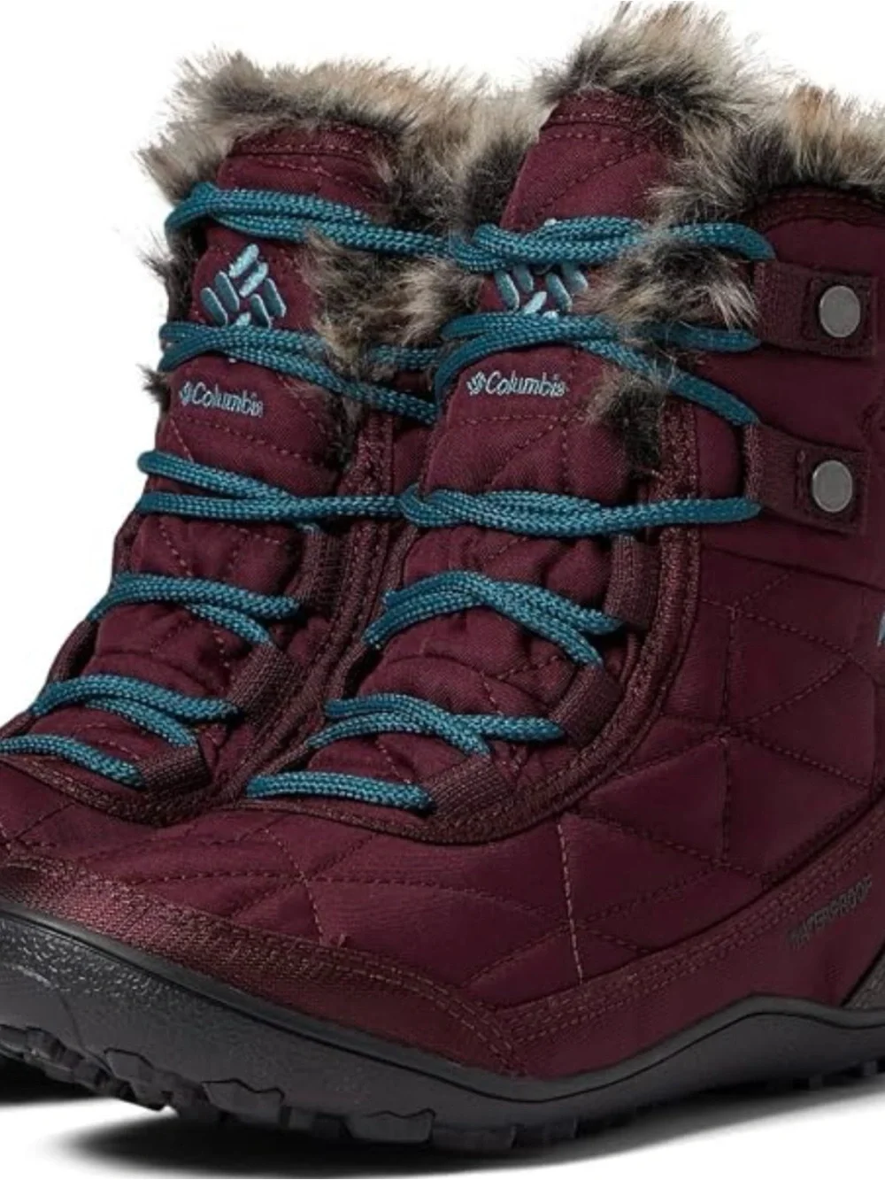 Columbia Women's minx shorty lll Maroon Winter Boots with Teal Laces side 7.5